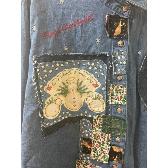 VINTAGE Denim Christmas Shirt Button Up Embroidered patchworks HANDMADE 4xL - Picture 3 of 13